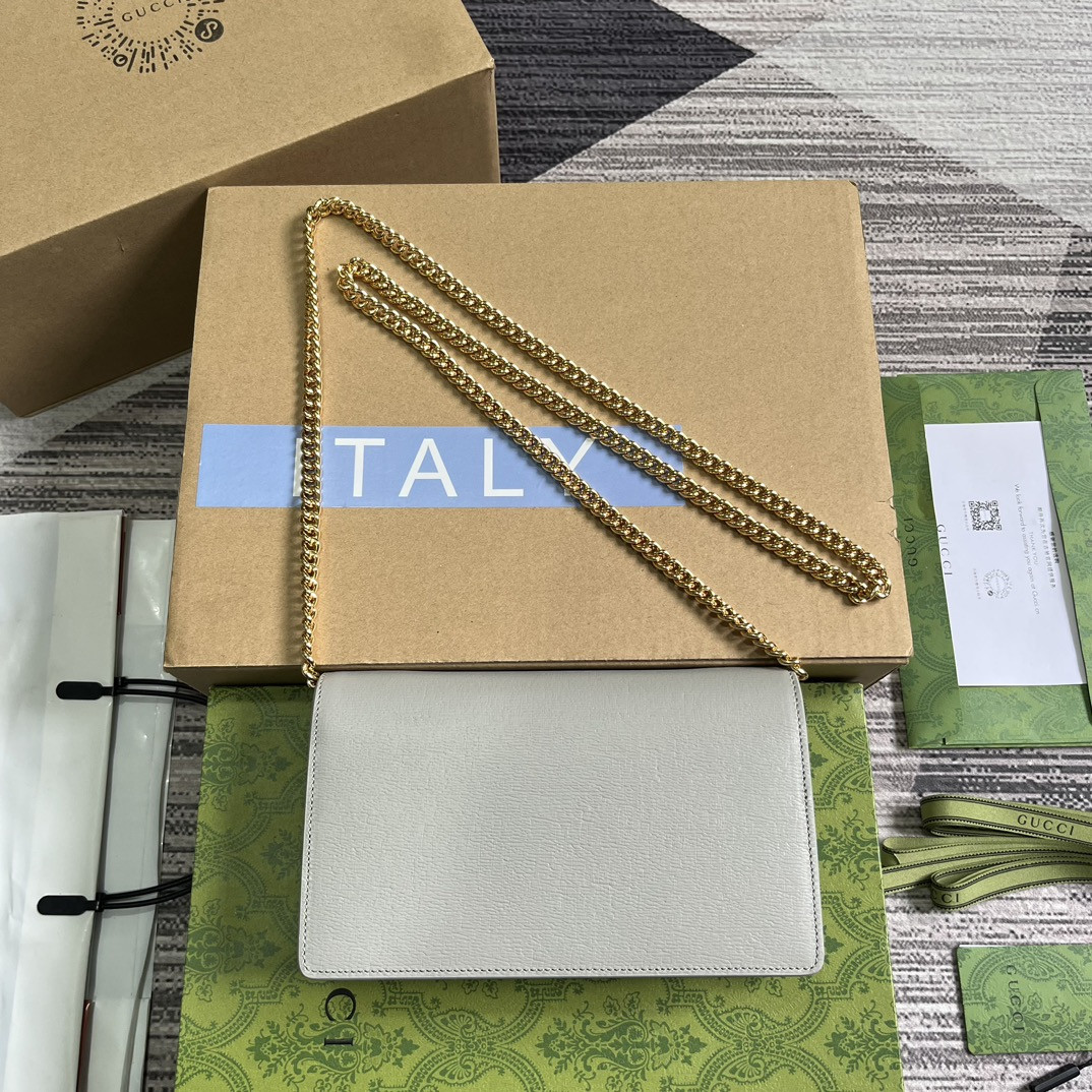 CHAIN WALLET WITH GUCCI SCRIPT LIGHT GREY 7.8"W x 5"H x 1.6"D