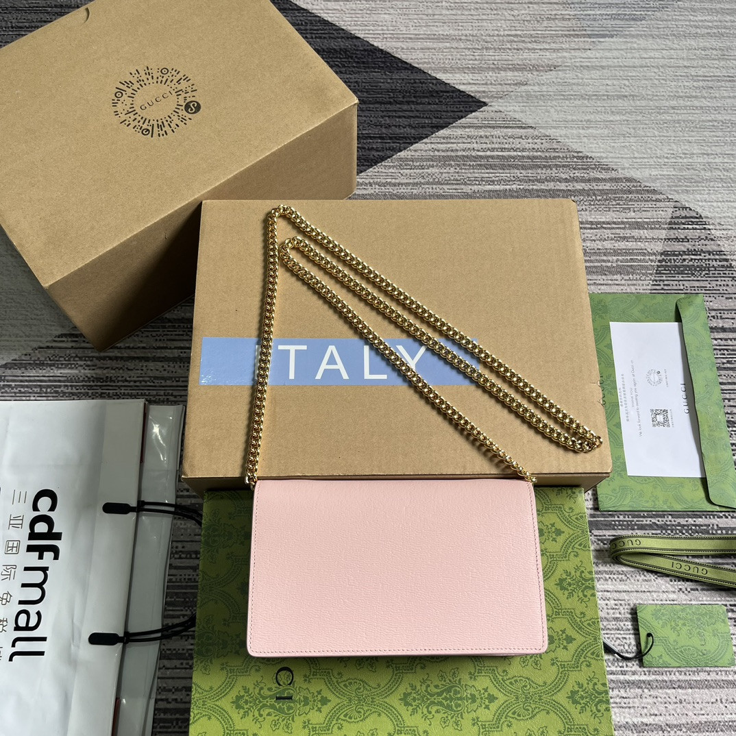 CHAIN WALLET WITH GUCCI SCRIPT PINK 7.8"W x 5"H x 1.6"D