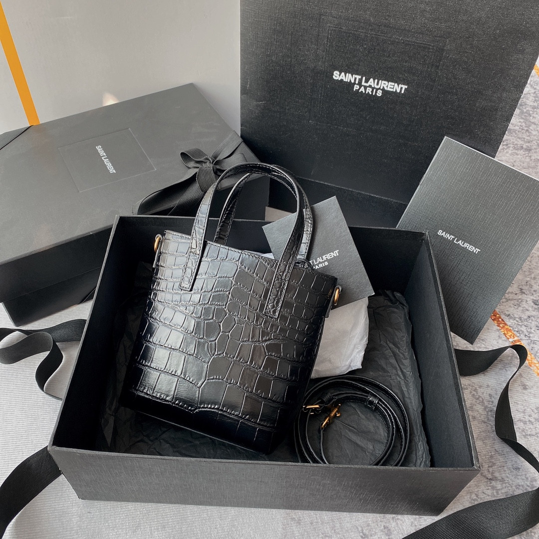 YSL SAINT LAURENT PARIS MINI TOY SHOPPING IN CROCODILE-EMBOSSED LEATHER BLACK 7.1 X 6.7 X 3.1 INCHES