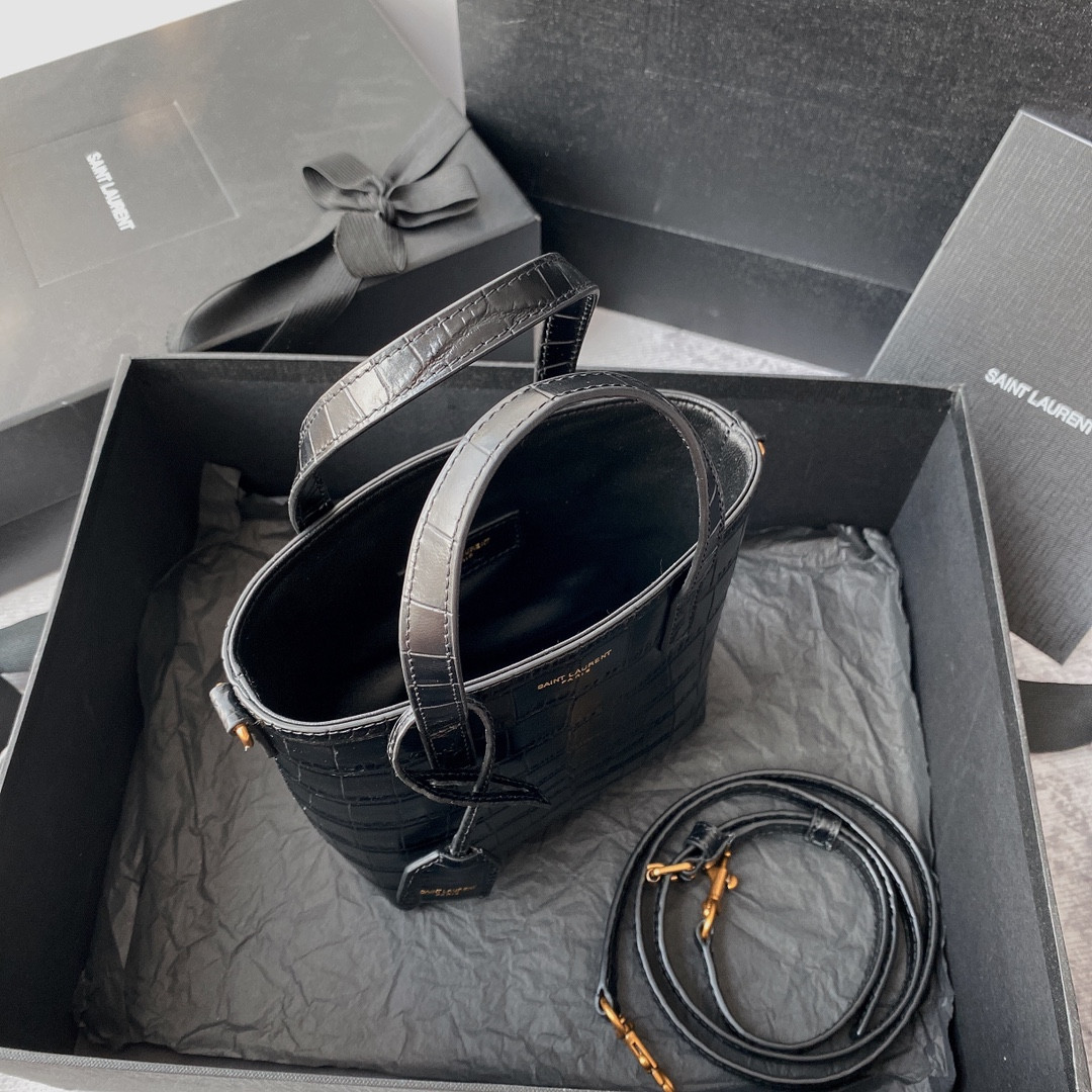 YSL SAINT LAURENT PARIS MINI TOY SHOPPING IN CROCODILE-EMBOSSED LEATHER BLACK 7.1 X 6.7 X 3.1 INCHES