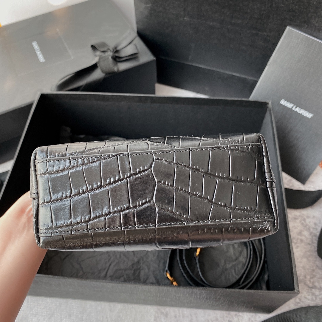 YSL SAINT LAURENT PARIS MINI TOY SHOPPING IN CROCODILE-EMBOSSED LEATHER BLACK 7.1 X 6.7 X 3.1 INCHES