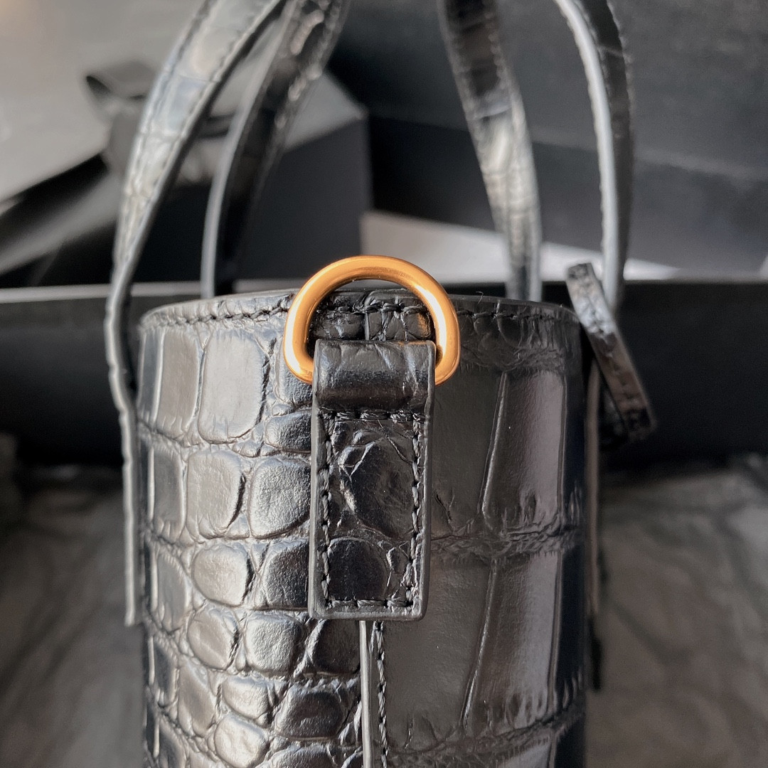 YSL SAINT LAURENT PARIS MINI TOY SHOPPING IN CROCODILE-EMBOSSED LEATHER BLACK 7.1 X 6.7 X 3.1 INCHES