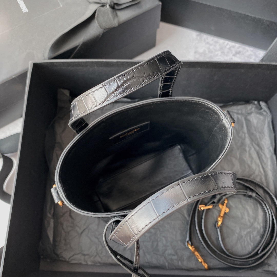 YSL SAINT LAURENT PARIS MINI TOY SHOPPING IN CROCODILE-EMBOSSED LEATHER BLACK 7.1 X 6.7 X 3.1 INCHES