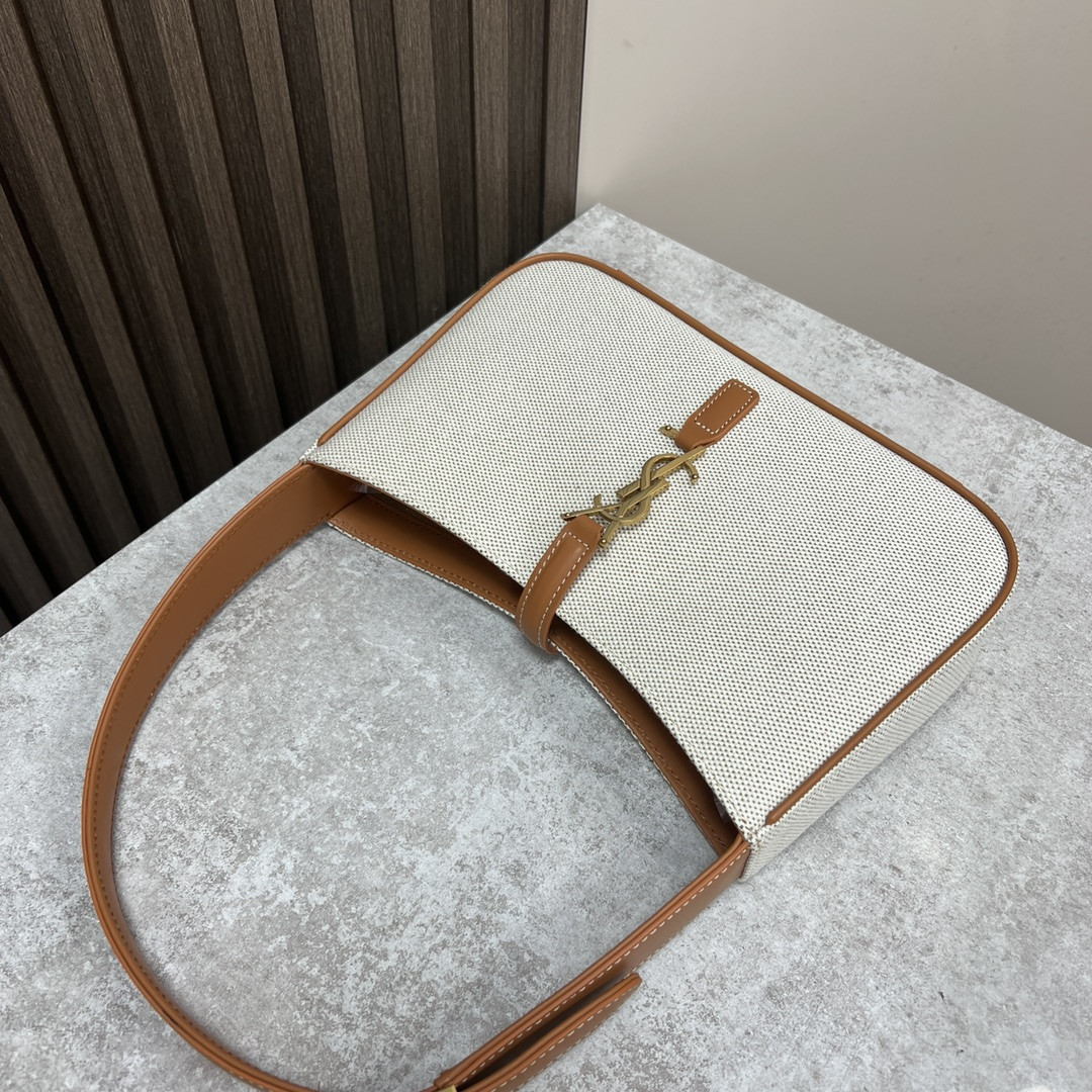 YSL LE 5 À 7 IN CANVAS AND LEATHER GREGE AND BRICK 9 X 6.3 X 2.5 INCHES