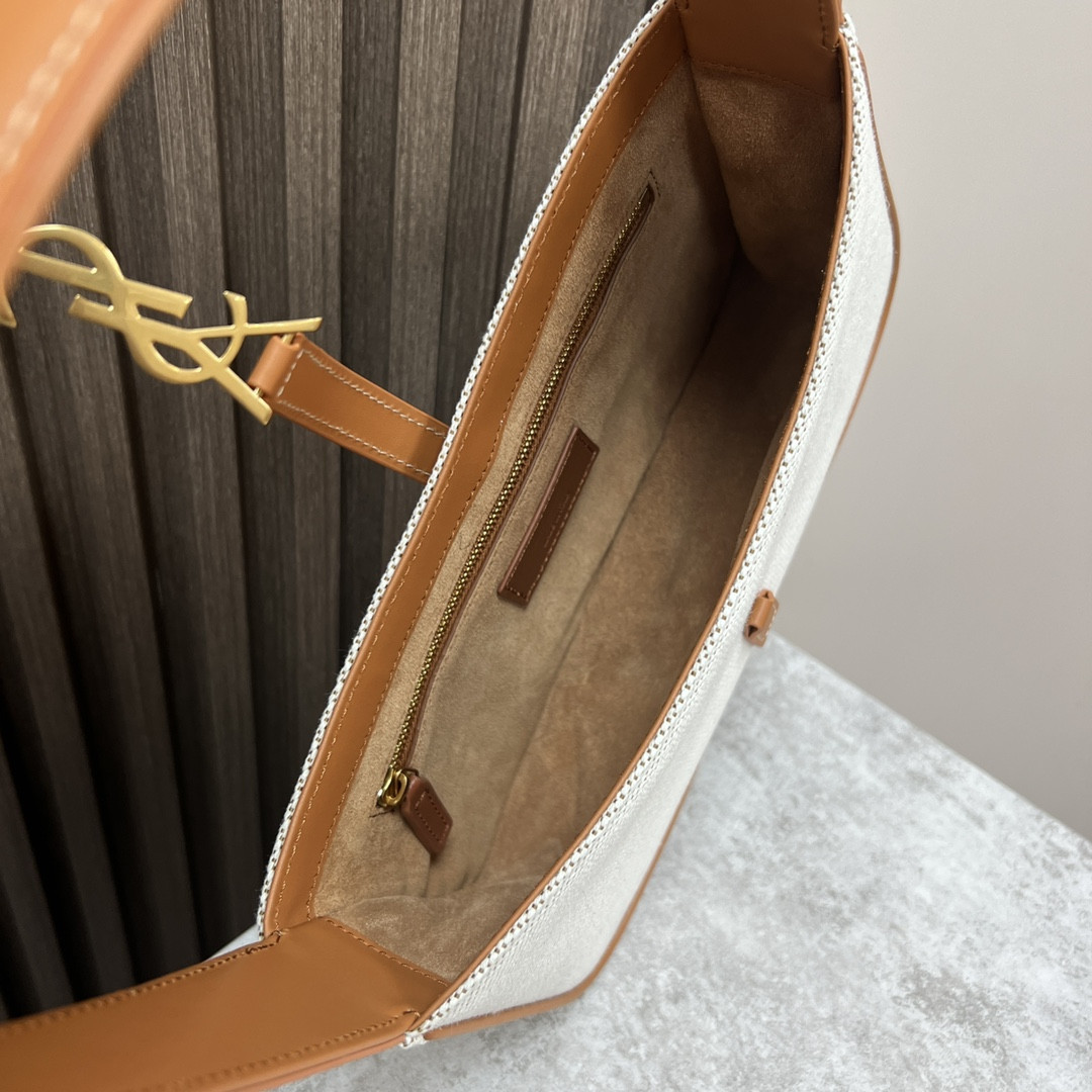 YSL LE 5 À 7 IN CANVAS AND LEATHER GREGE AND BRICK 9 X 6.3 X 2.5 INCHES