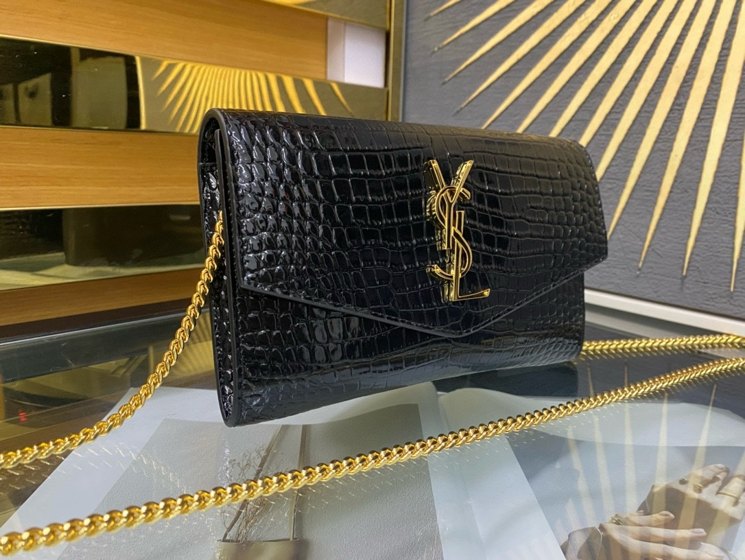 YSL UPTOWN CHAIN WALLET IN CROCODILE-EMBOSSED SHINY LEATHER 7.5 X 4.7 X 1.2 INCHES