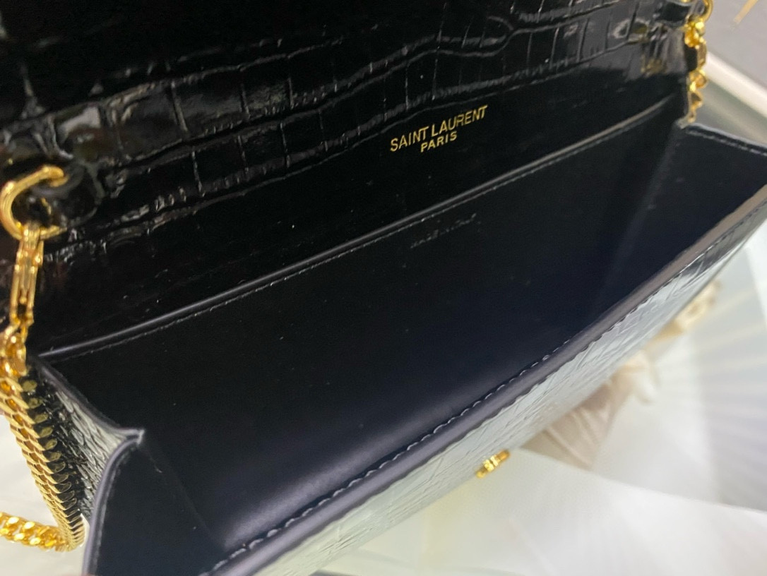 YSL UPTOWN CHAIN WALLET IN CROCODILE-EMBOSSED SHINY LEATHER 7.5 X 4.7 X 1.2 INCHES