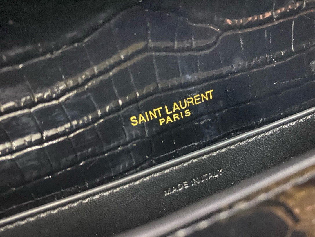 YSL UPTOWN CHAIN WALLET IN CROCODILE-EMBOSSED SHINY LEATHER 7.5 X 4.7 X 1.2 INCHES