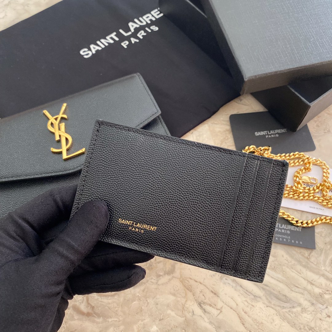 YSL UPTOWN CHAIN WALLET IN GRAIN DE POUDRE EMBOSSED LEATHER BLACK 7.5 X 4.7 X 1.2 INCHES
