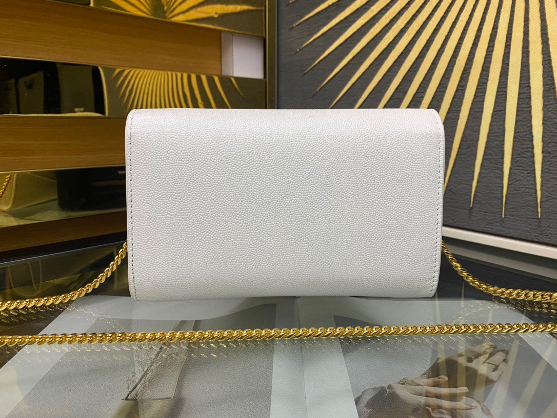 YSL UPTOWN CHAIN WALLET IN GRAIN DE POUDRE EMBOSSED LEATHER BLANC VINTAGE 7.5 X 4.7 X 1.2 INCHES
