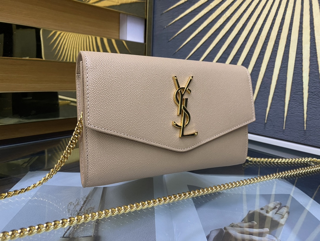 YSL UPTOWN CHAIN WALLET IN GRAIN DE POUDRE EMBOSSED LEATHER DARK BEIGE 7.5 X 4.7 X 1.2 INCHES