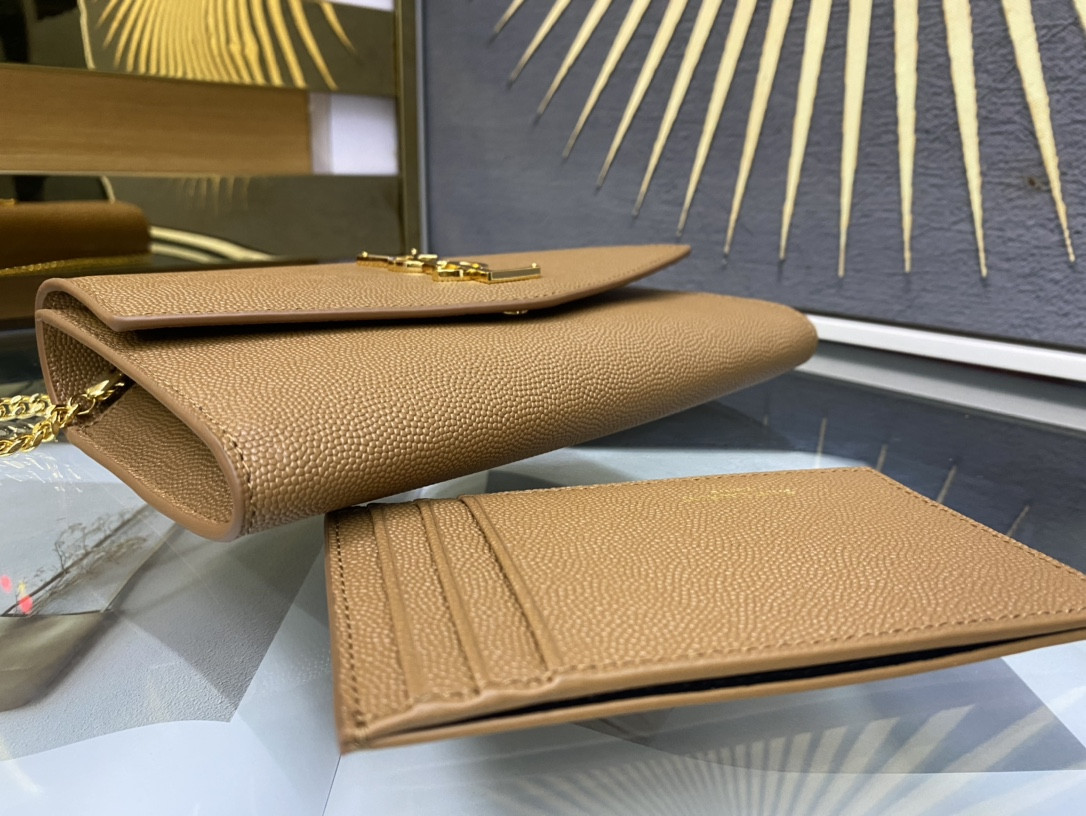 YSL UPTOWN CHAIN WALLET IN GRAIN DE POUDRE EMBOSSED LEATHER TAUPE 7.5 X 4.7 X 1.2 INCHES