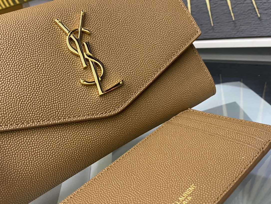 YSL UPTOWN CHAIN WALLET IN GRAIN DE POUDRE EMBOSSED LEATHER TAUPE 7.5 X 4.7 X 1.2 INCHES