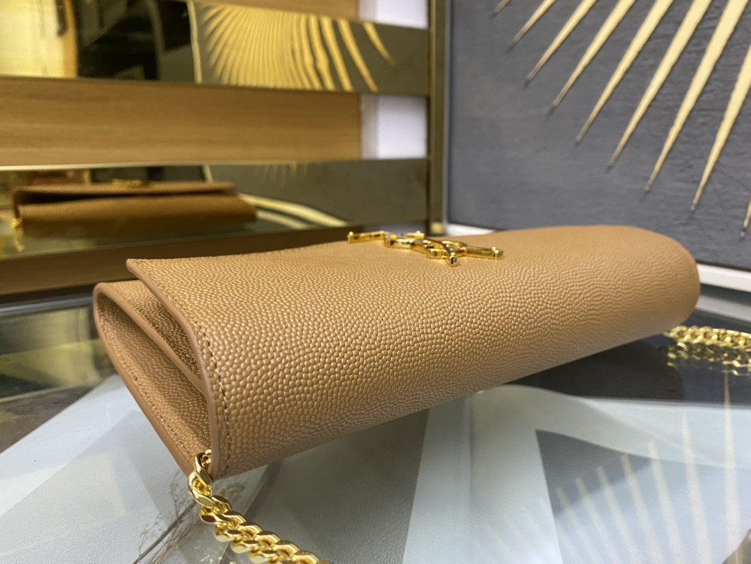 YSL UPTOWN CHAIN WALLET IN GRAIN DE POUDRE EMBOSSED LEATHER TAUPE 7.5 X 4.7 X 1.2 INCHES