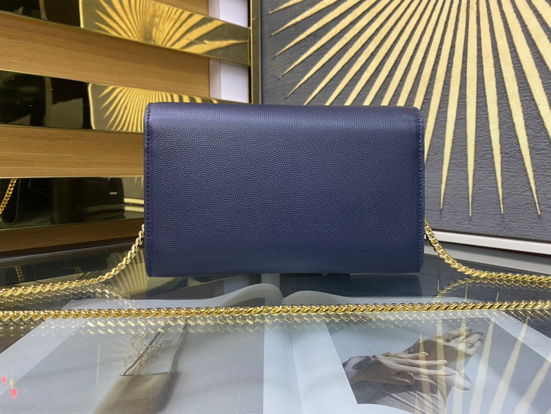 YSL UPTOWN CHAIN WALLET IN GRAIN DE POUDRE EMBOSSED LEATHER NAVY 7.5 X 4.7 X 1.2 INCHES