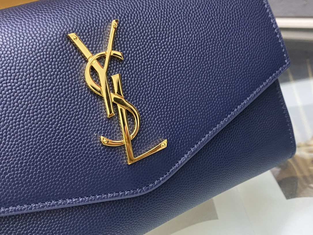 YSL UPTOWN CHAIN WALLET IN GRAIN DE POUDRE EMBOSSED LEATHER NAVY 7.5 X 4.7 X 1.2 INCHES