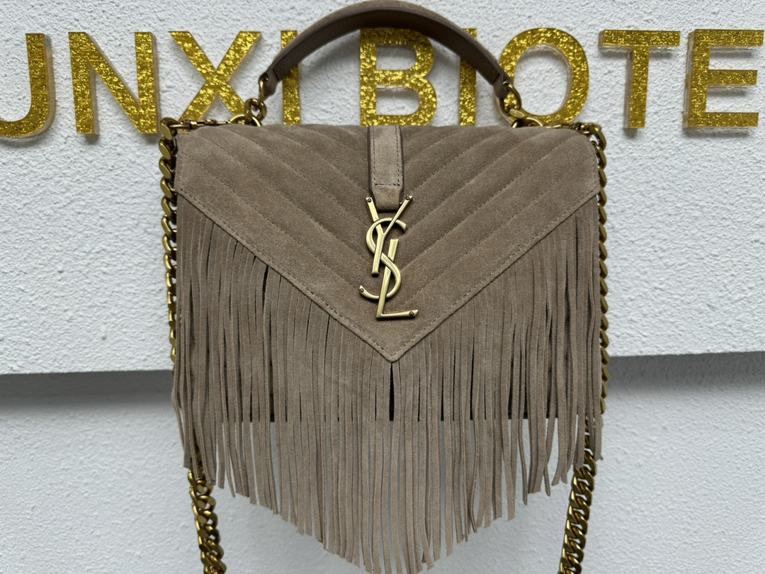 YSL COLLEGE MEDIUM IN QUILTED SUEDE GRAY 9.4 X 6.6 X 2.5 INCHES