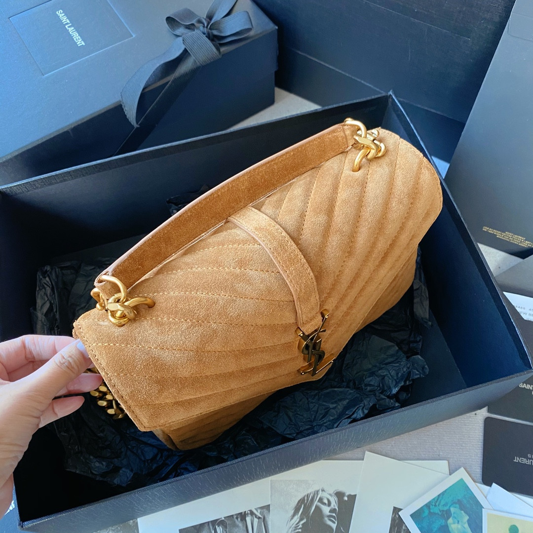 YSL COLLEGE MEDIUM IN QUILTED SUEDE BROWN 9.4 X 6.6 X 2.5 INCHES