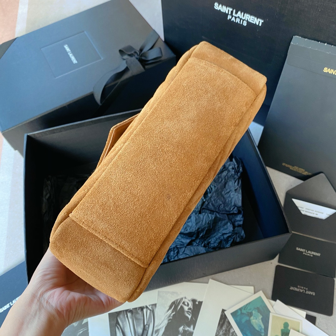 YSL COLLEGE MEDIUM IN QUILTED SUEDE BROWN 9.4 X 6.6 X 2.5 INCHES