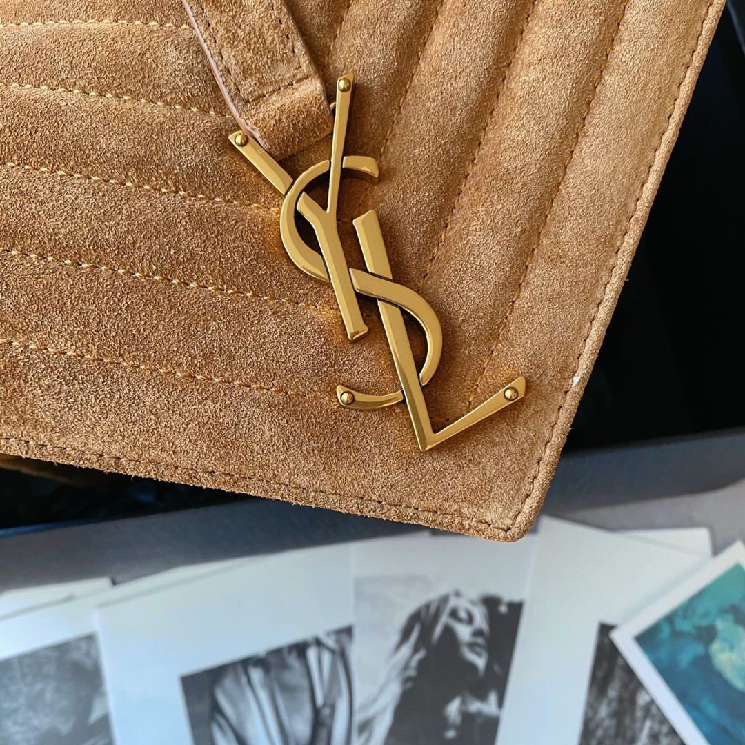 YSL COLLEGE MEDIUM IN QUILTED SUEDE BROWN 9.4 X 6.6 X 2.5 INCHES