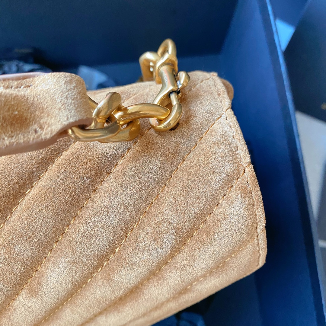 YSL COLLEGE MEDIUM IN QUILTED SUEDE BROWN 9.4 X 6.6 X 2.5 INCHES