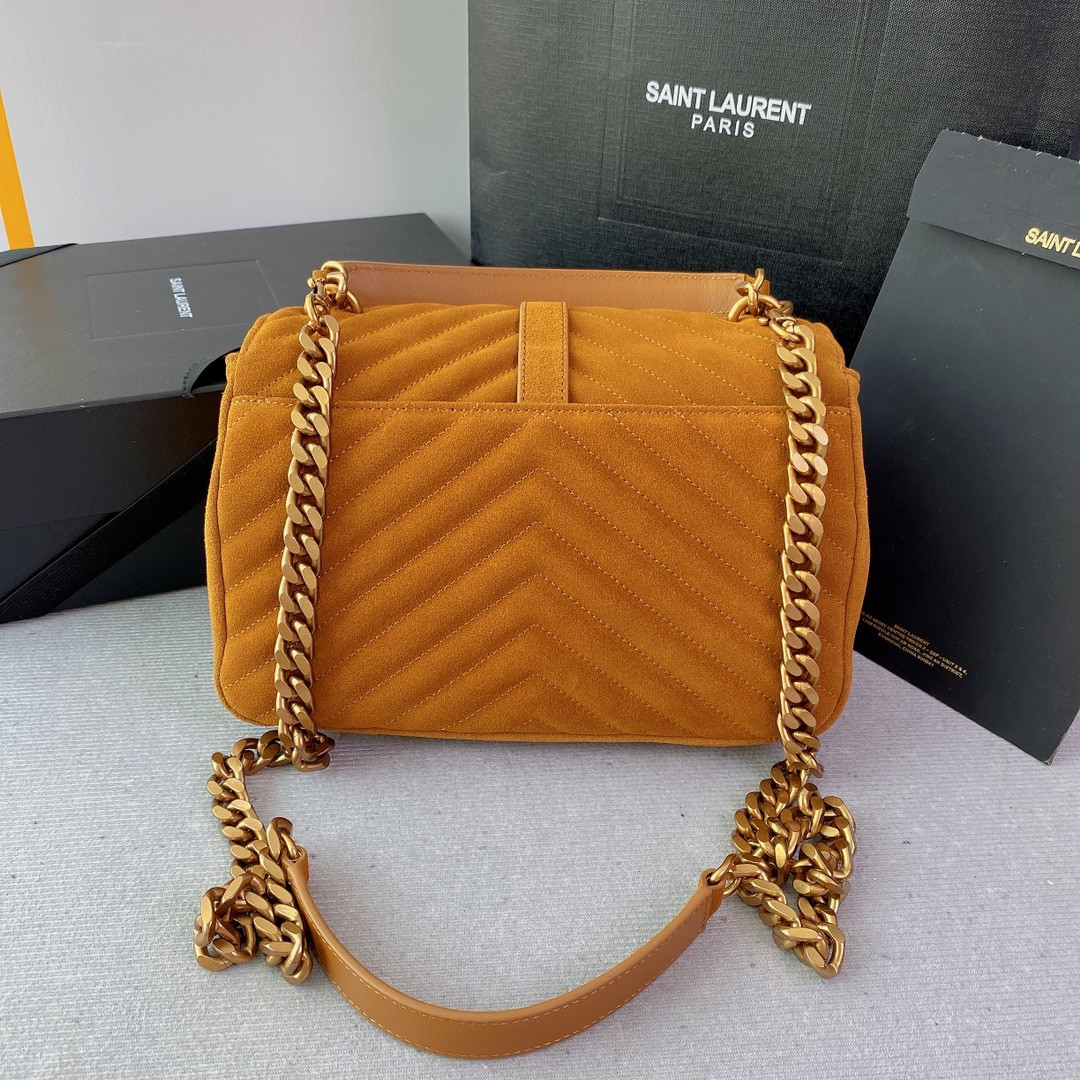 YSL COLLEGE MEDIUM IN QUILTED SUEDE ORANGE 9.4 X 6.6 X 2.5 INCHES