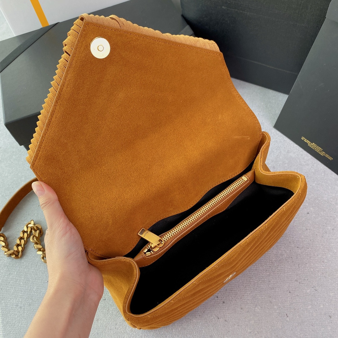 YSL COLLEGE MEDIUM IN QUILTED SUEDE ORANGE 9.4 X 6.6 X 2.5 INCHES