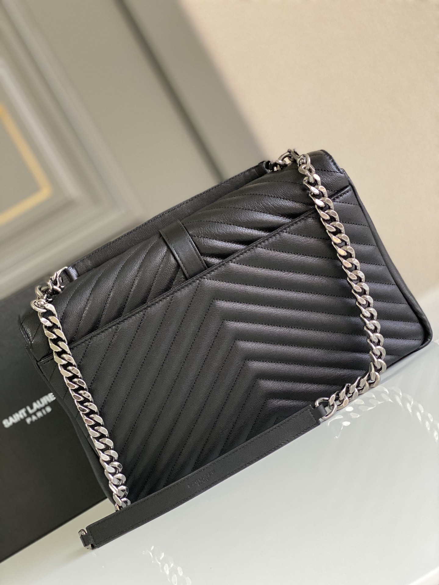 YSL COLLEGE LARGE IN QUILTED LEATHER BLACK SILVER 32X21X8 CM