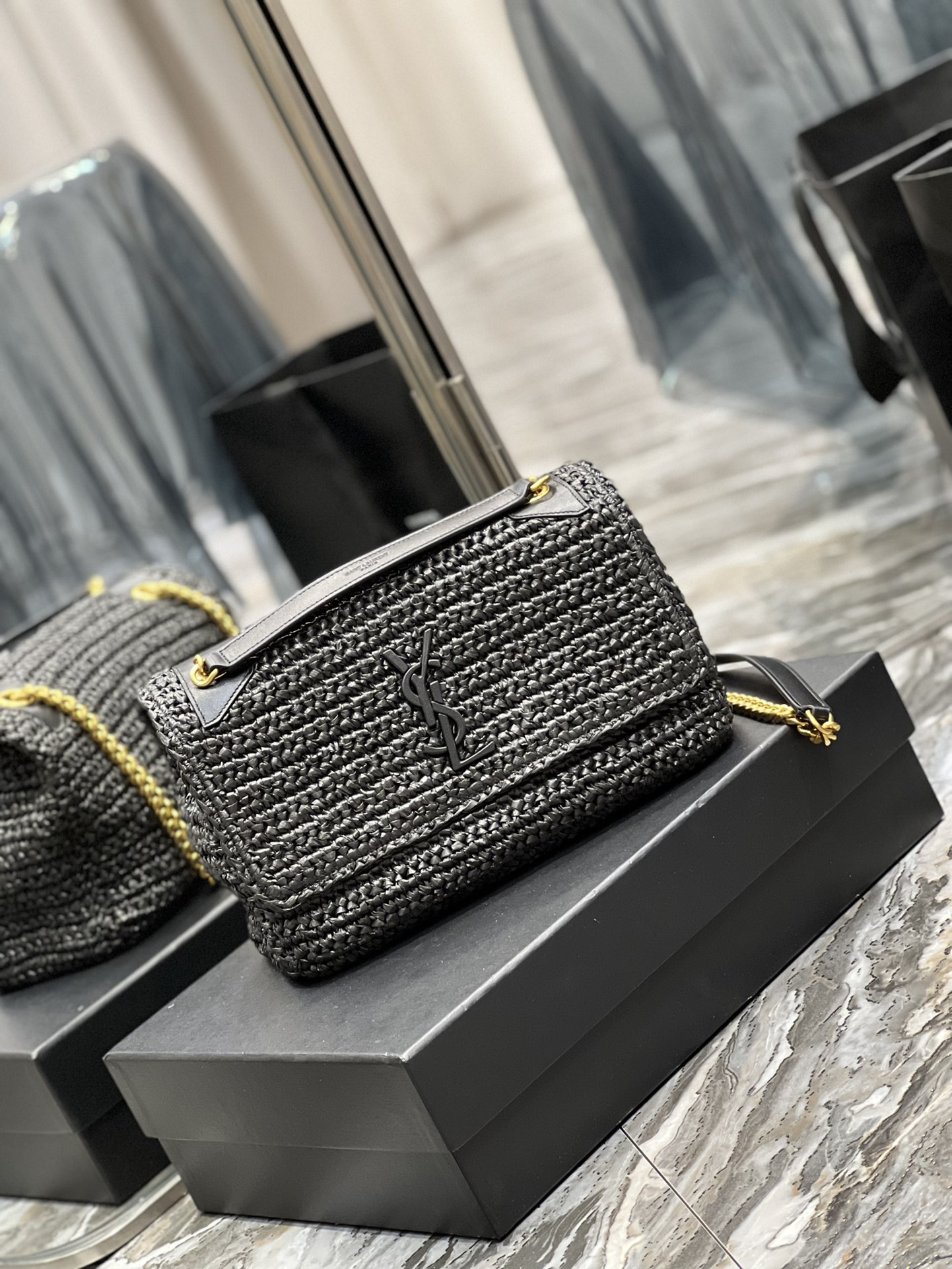 YSL NIKI MEDIUM CHAIN BAG IN RAFFIA AND LEATHER BLACK 11 X 7.8 X 3.3 INCHES