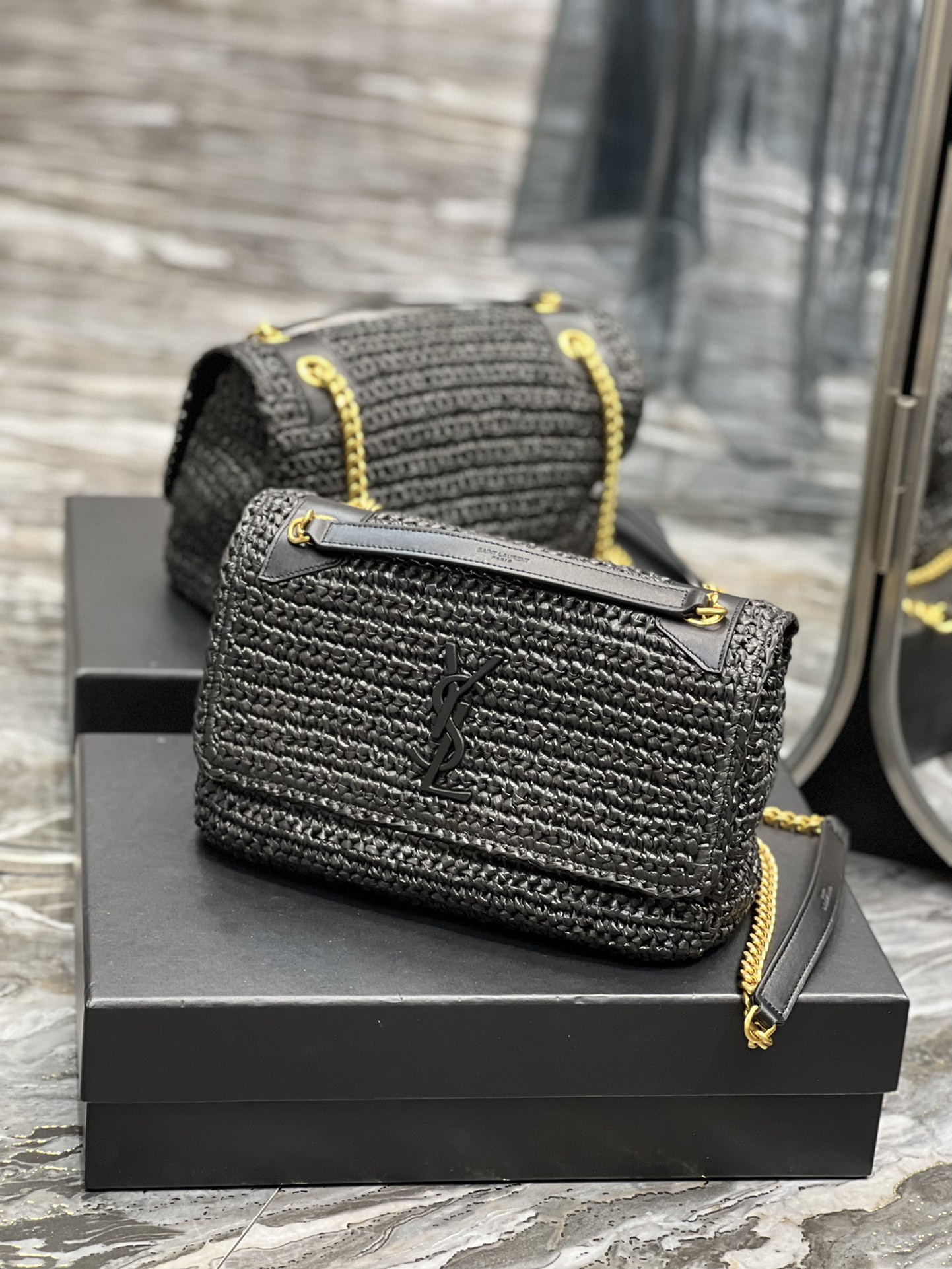 YSL NIKI MEDIUM CHAIN BAG IN RAFFIA AND LEATHER BLACK 11 X 7.8 X 3.3 INCHES