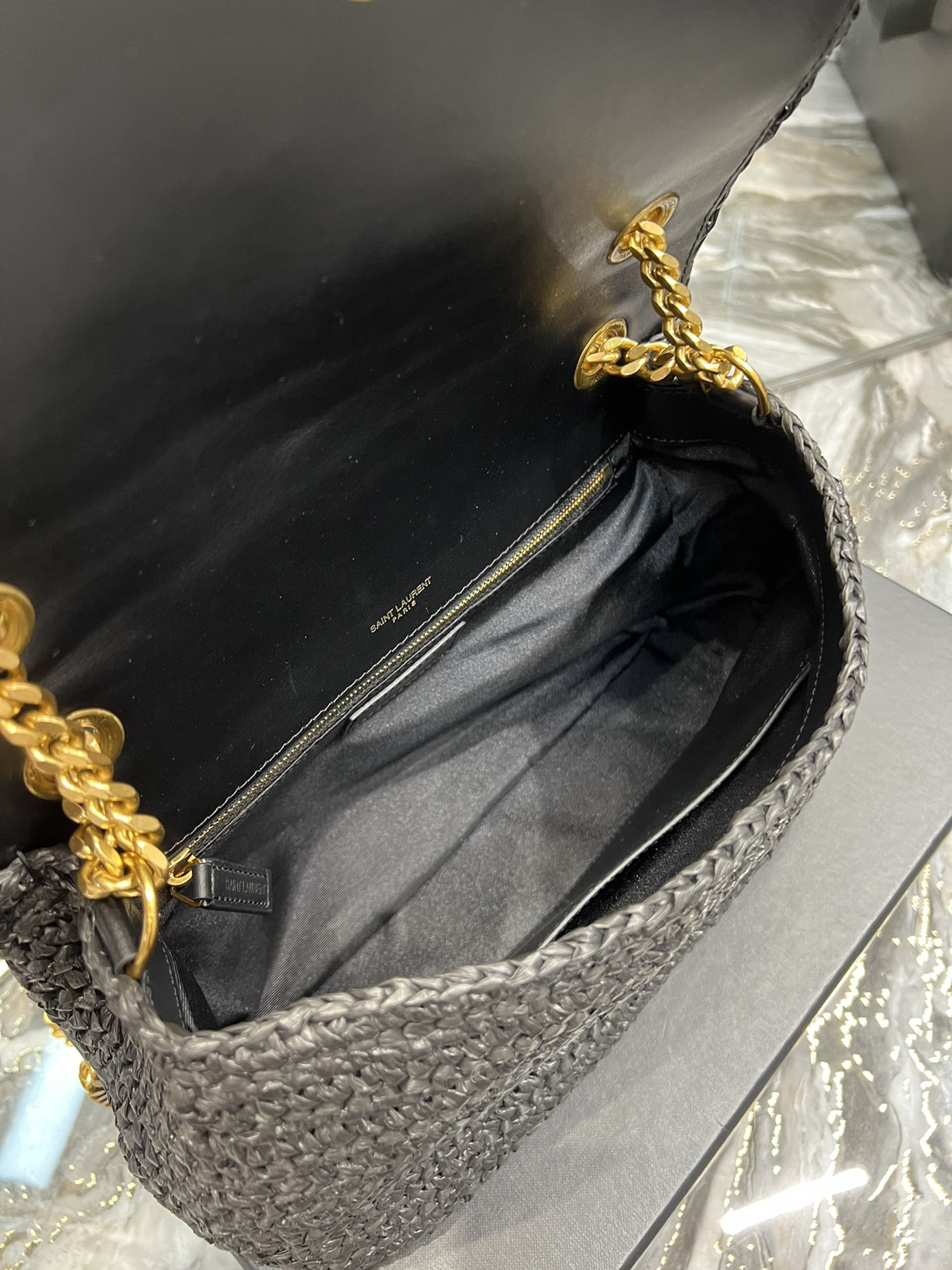YSL NIKI MEDIUM CHAIN BAG IN RAFFIA AND LEATHER BLACK 11 X 7.8 X 3.3 INCHES