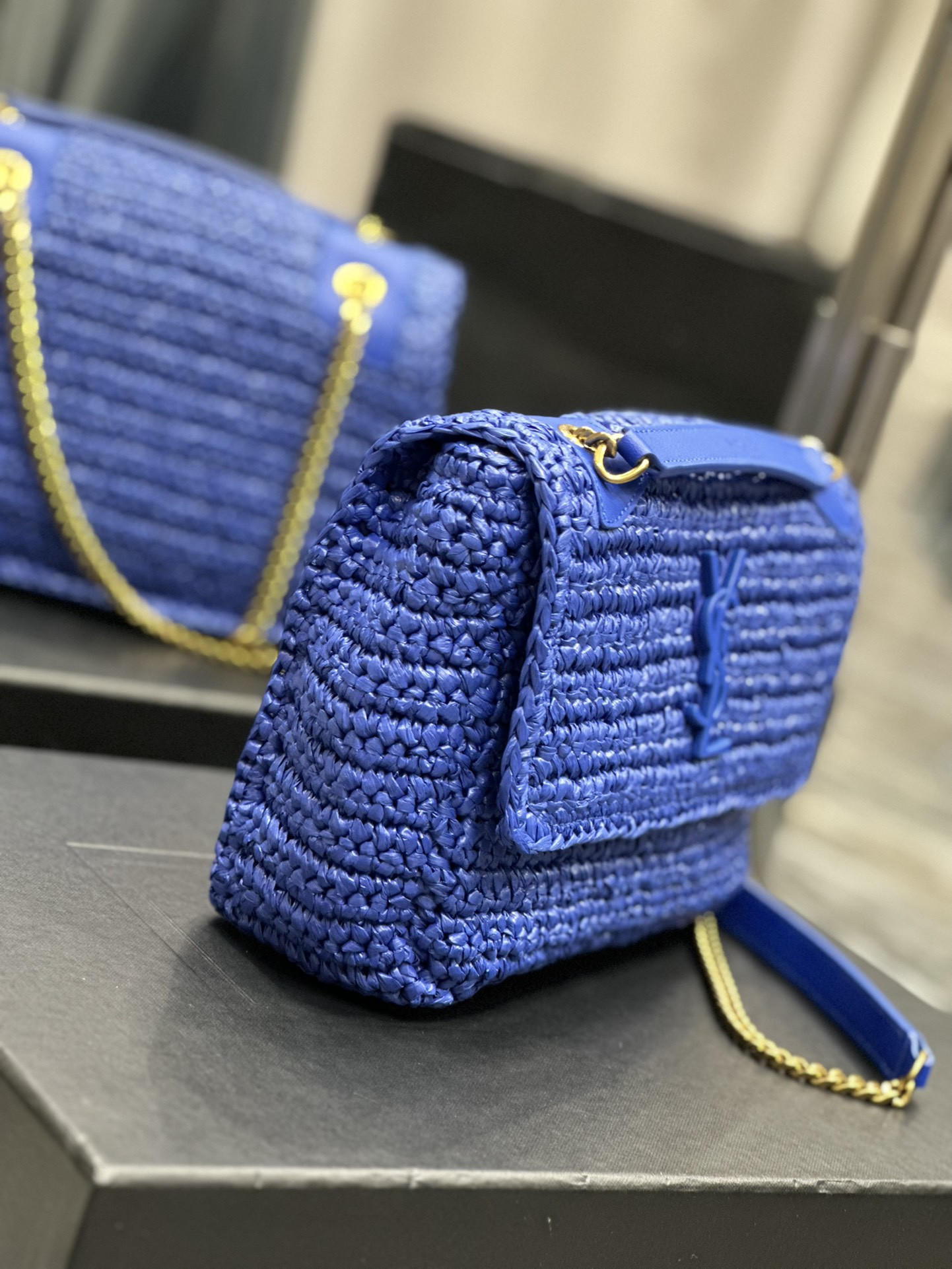 YSL NIKI CHAIN BAG IN RAFFIA AND LEATHER BLUE 22×16.5×12 CM