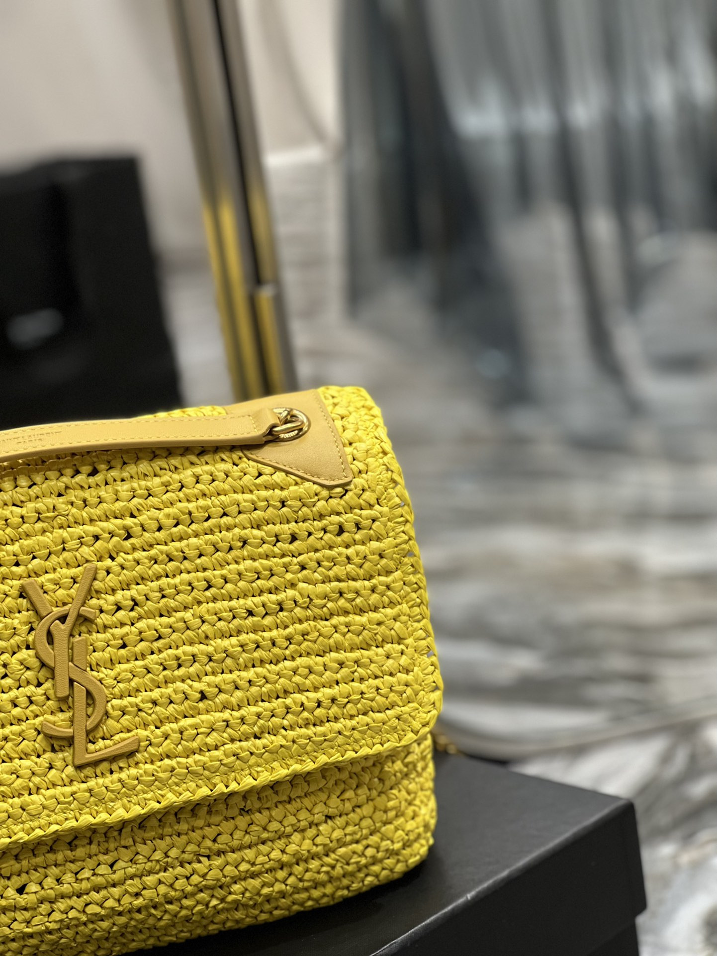 YSL NIKI MEDIUM CHAIN BAG IN RAFFIA AND LEATHER YELLOW 11 X 7.8 X 3.3 INCHES