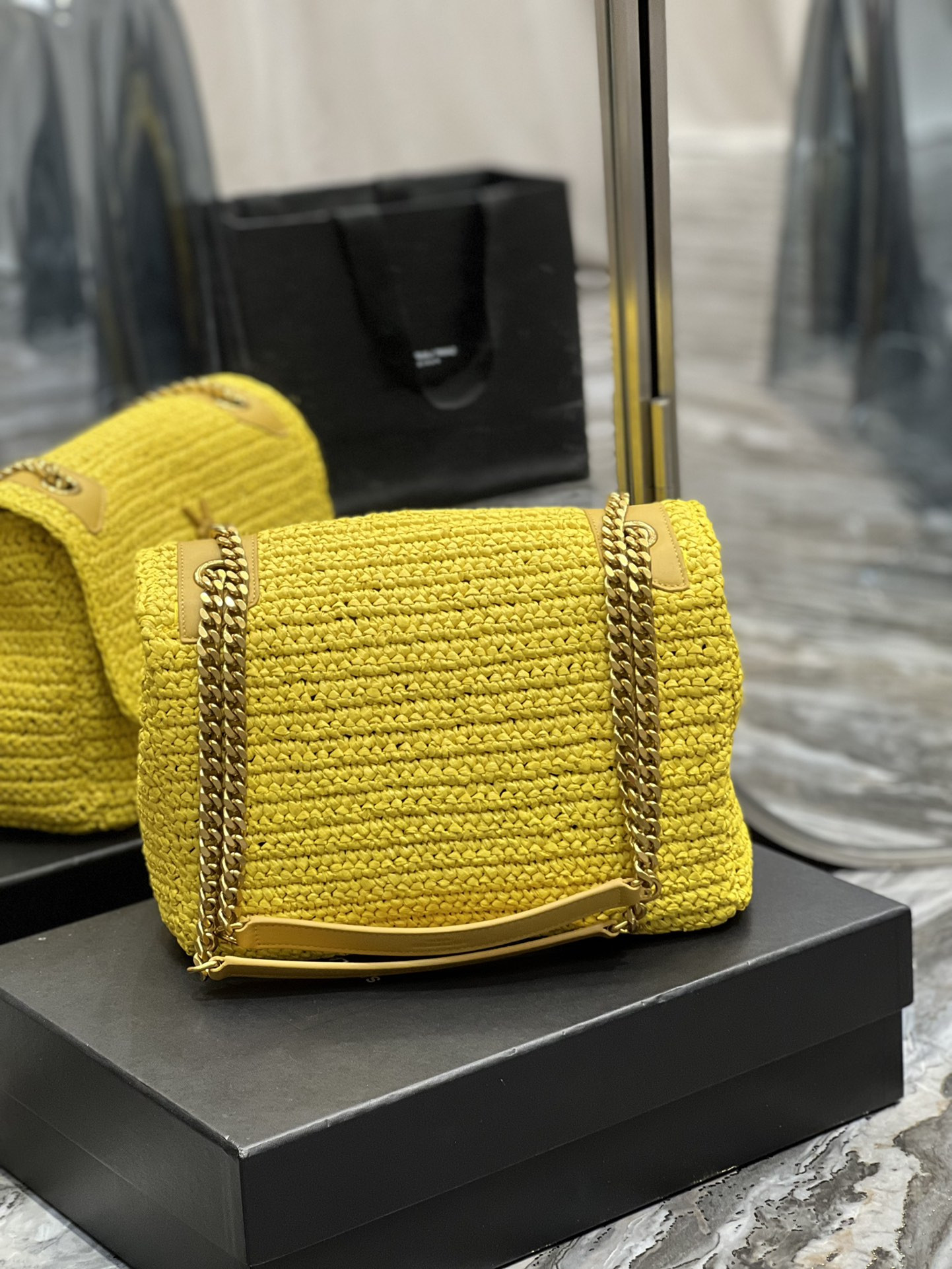 YSL NIKI MEDIUM CHAIN BAG IN RAFFIA AND LEATHER YELLOW 11 X 7.8 X 3.3 INCHES