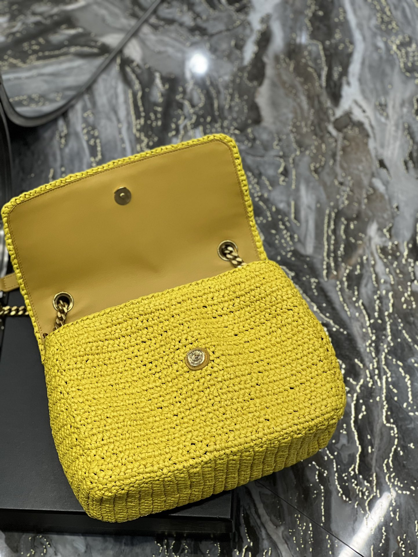 YSL NIKI MEDIUM CHAIN BAG IN RAFFIA AND LEATHER YELLOW 11 X 7.8 X 3.3 INCHES