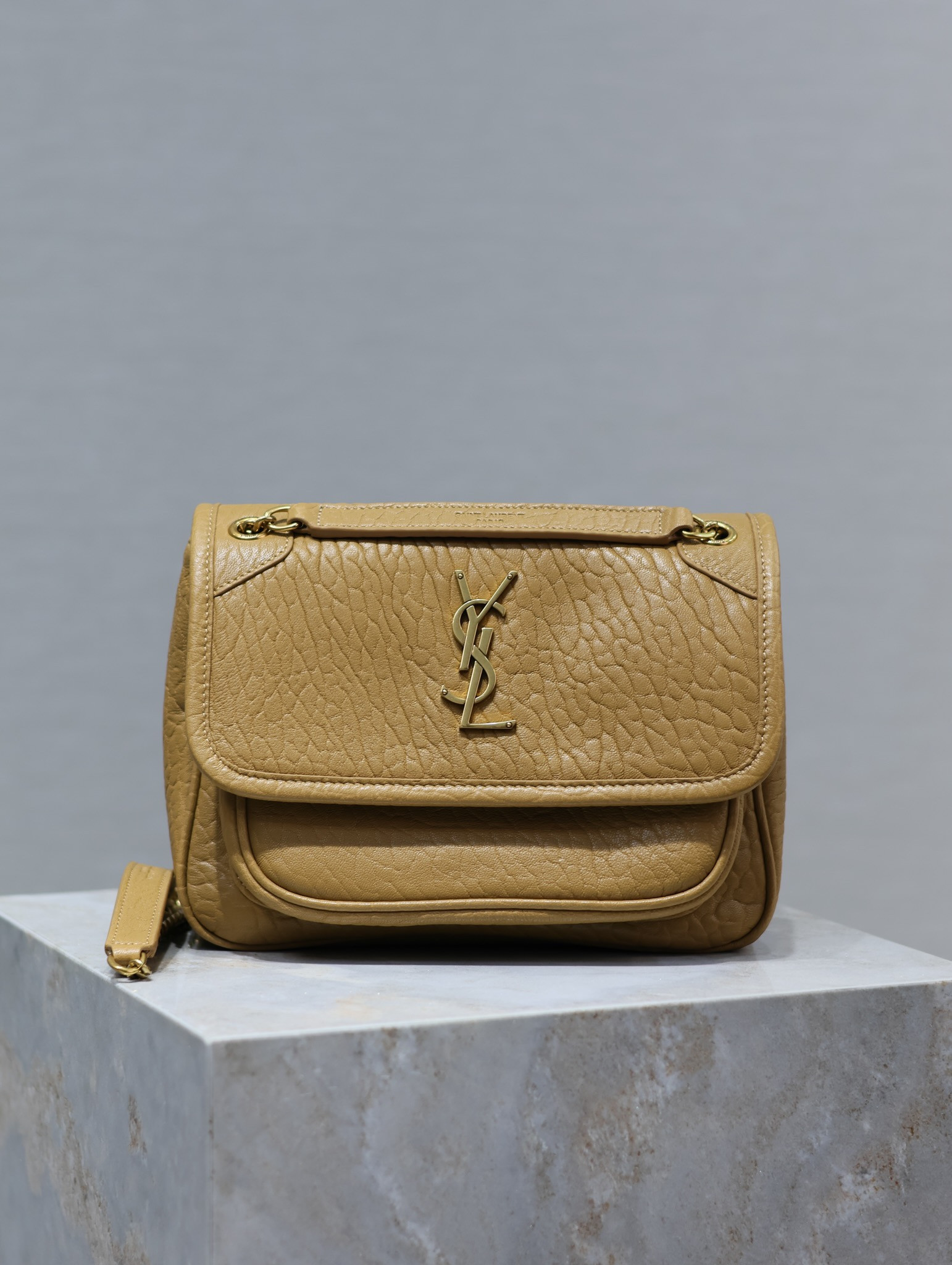 YSL NIKI BABY IN VINTAGE LEATHER DARK CORK 8.2 X 6 X 2.9 INCHES