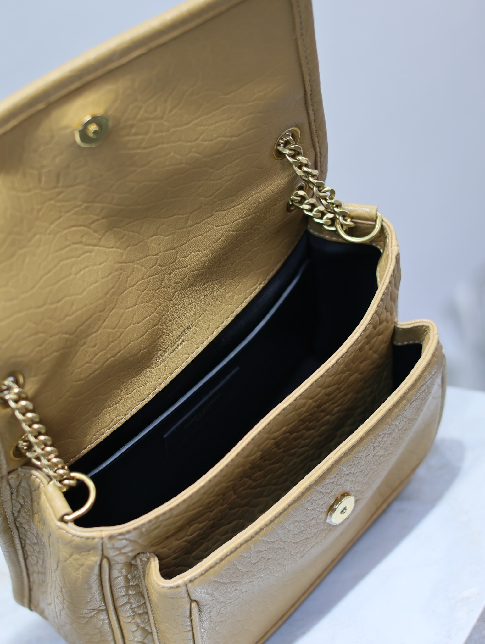 YSL NIKI BABY IN VINTAGE LEATHER DARK CORK 8.2 X 6 X 2.9 INCHES