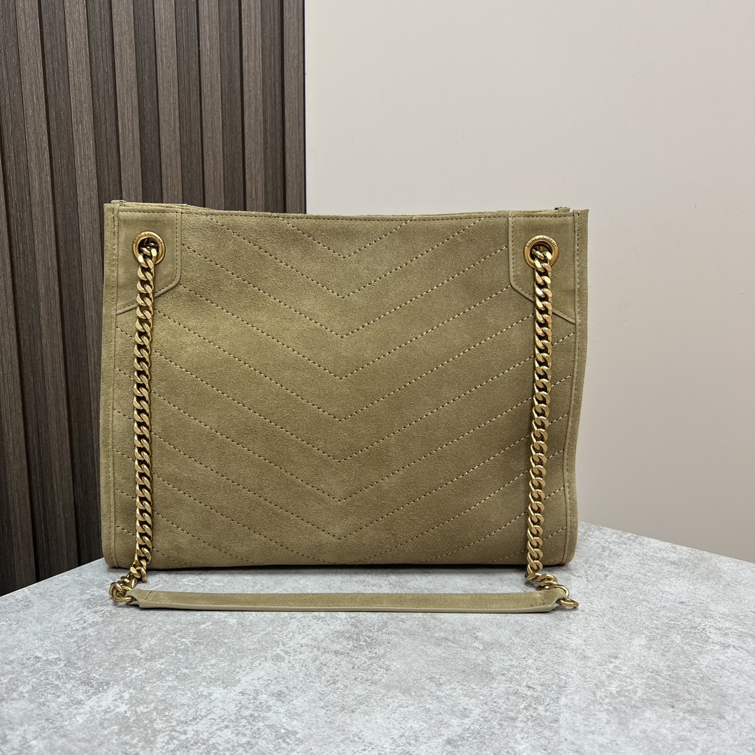 YSL NIKI MEDIUM SHOPPING IN SUEDE BARLEY GREEN 12.9 X 10.6 X 4.5 INCHES