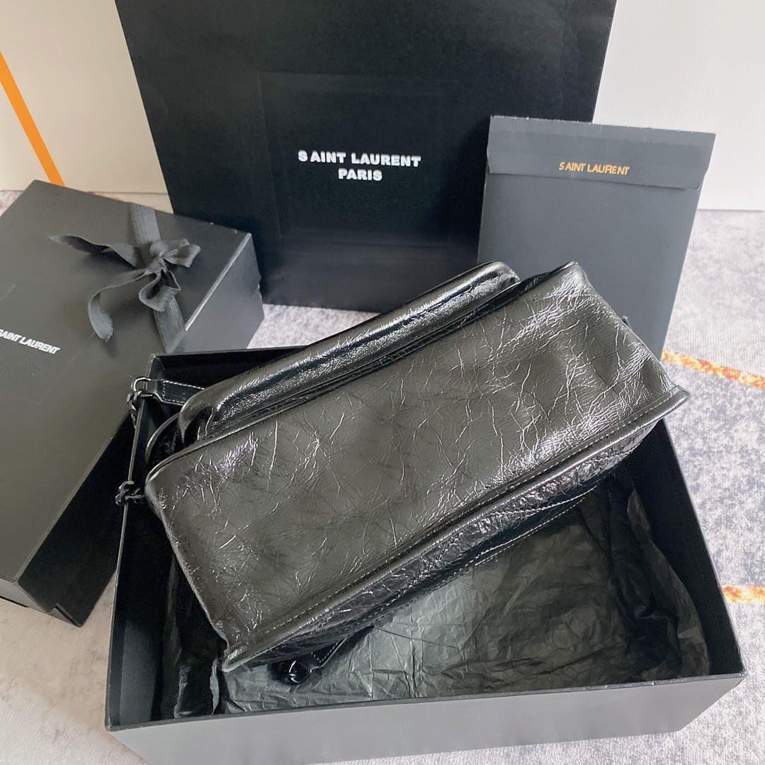 YSL NIKI MEDIUM IN VINTAGE LEATHER ALL BLACK 11 X 7.8 X 3.3 INCHES