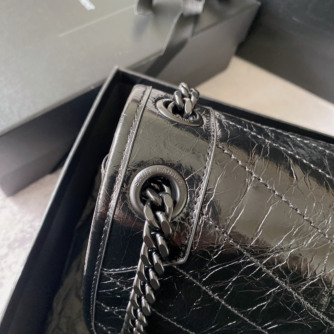 YSL NIKI MEDIUM IN VINTAGE LEATHER ALL BLACK 11 X 7.8 X 3.3 INCHES