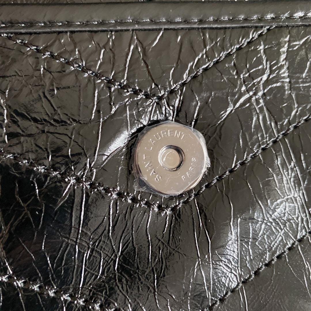 YSL NIKI MEDIUM IN VINTAGE LEATHER ALL BLACK 11 X 7.8 X 3.3 INCHES