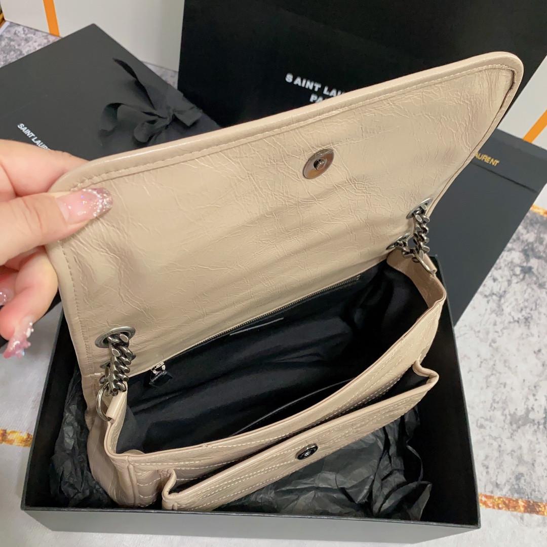YSL NIKI MEDIUM IN VINTAGE LEATHER BEIGE 11 X 7.8 X 3.3 INCHES