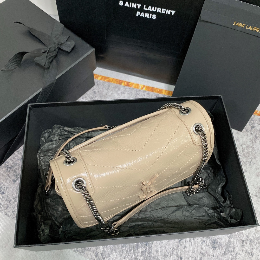 YSL NIKI BABY IN VINTAGE LEATHER BEIGE 8.2 X 6 X 2.9 INCHES