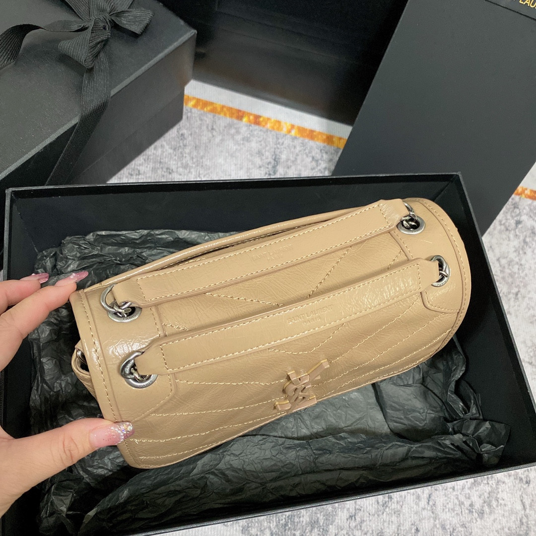 YSL NIKI BABY IN VINTAGE LEATHER DARK BEIGE 8.2 X 6 X 2.9 INCHES