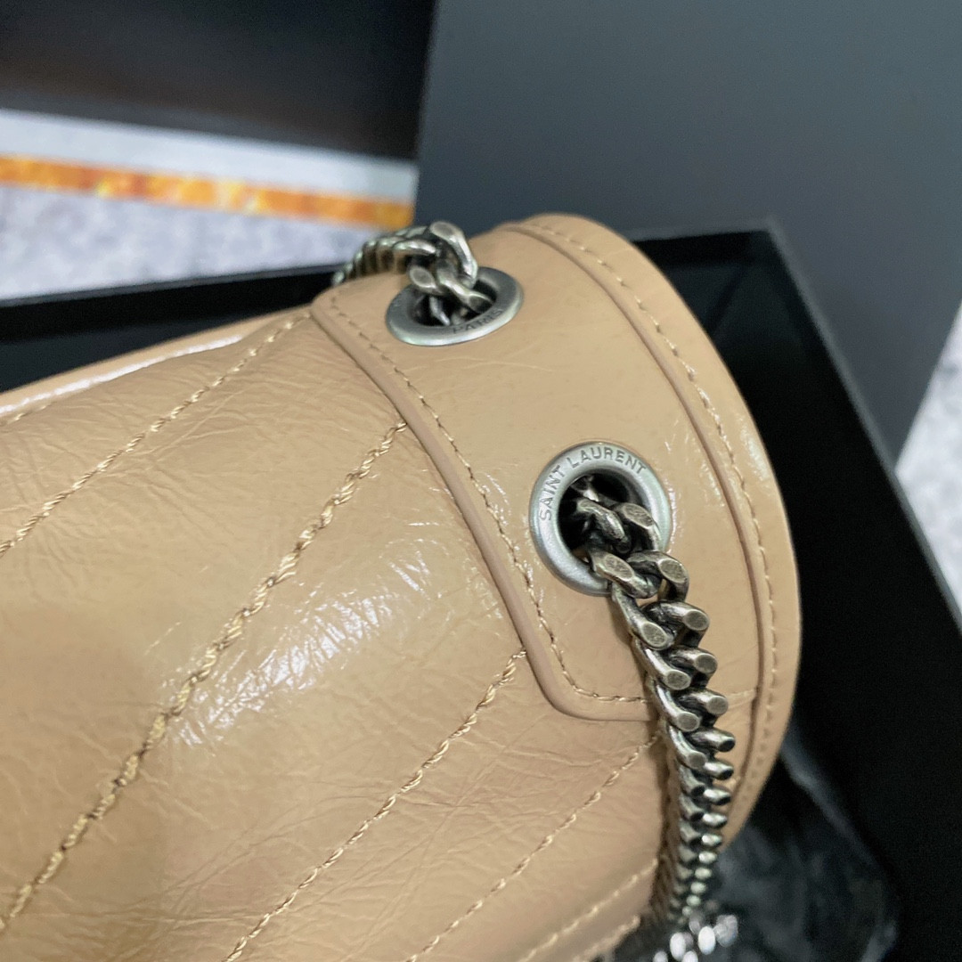 YSL NIKI BABY IN VINTAGE LEATHER DARK BEIGE 8.2 X 6 X 2.9 INCHES