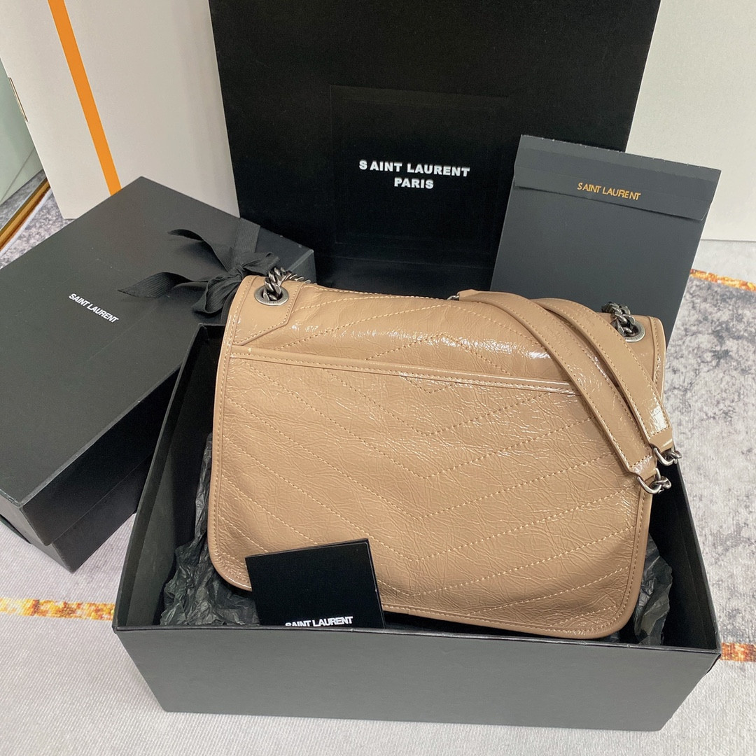 YSL NIKI MEDIUM IN VINTAGE LEATHER DARK BEIGE 11 X 7.8 X 3.3 INCHES