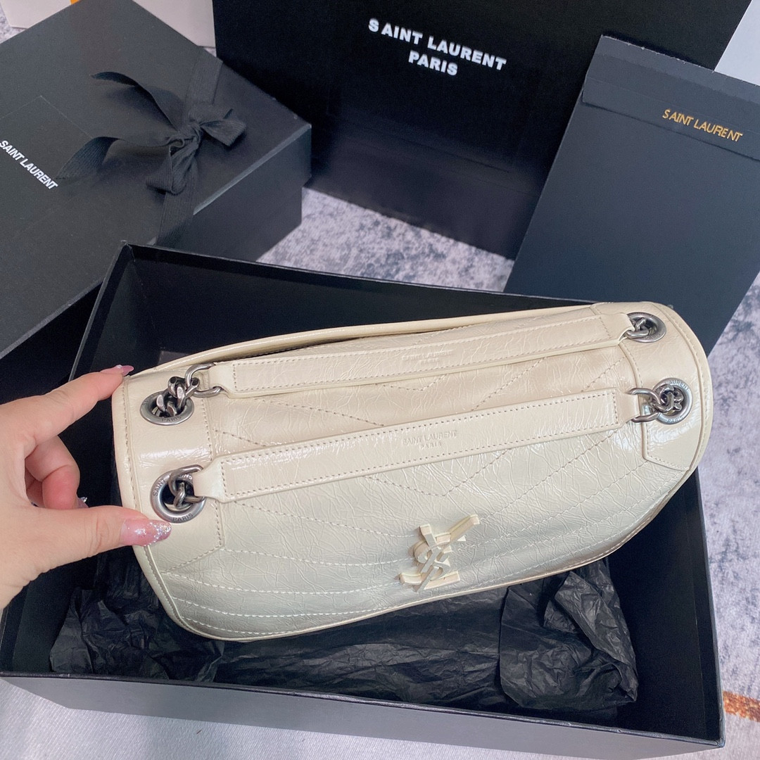 YSL NIKI MEDIUM IN VINTAGE LEATHER WHITE 11 X 7.8 X 3.3 INCHES