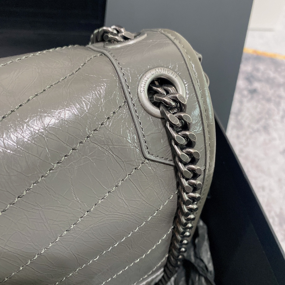 YSL NIKI MEDIUM IN VINTAGE LEATHER STORM 11 X 7.8 X 3.3 INCHES