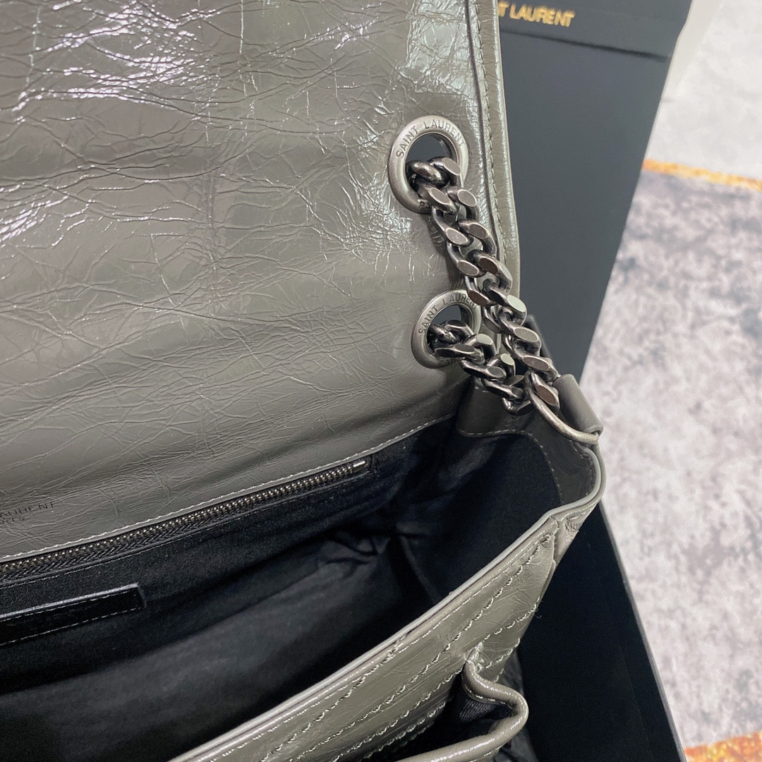YSL NIKI MEDIUM IN VINTAGE LEATHER STORM 11 X 7.8 X 3.3 INCHES