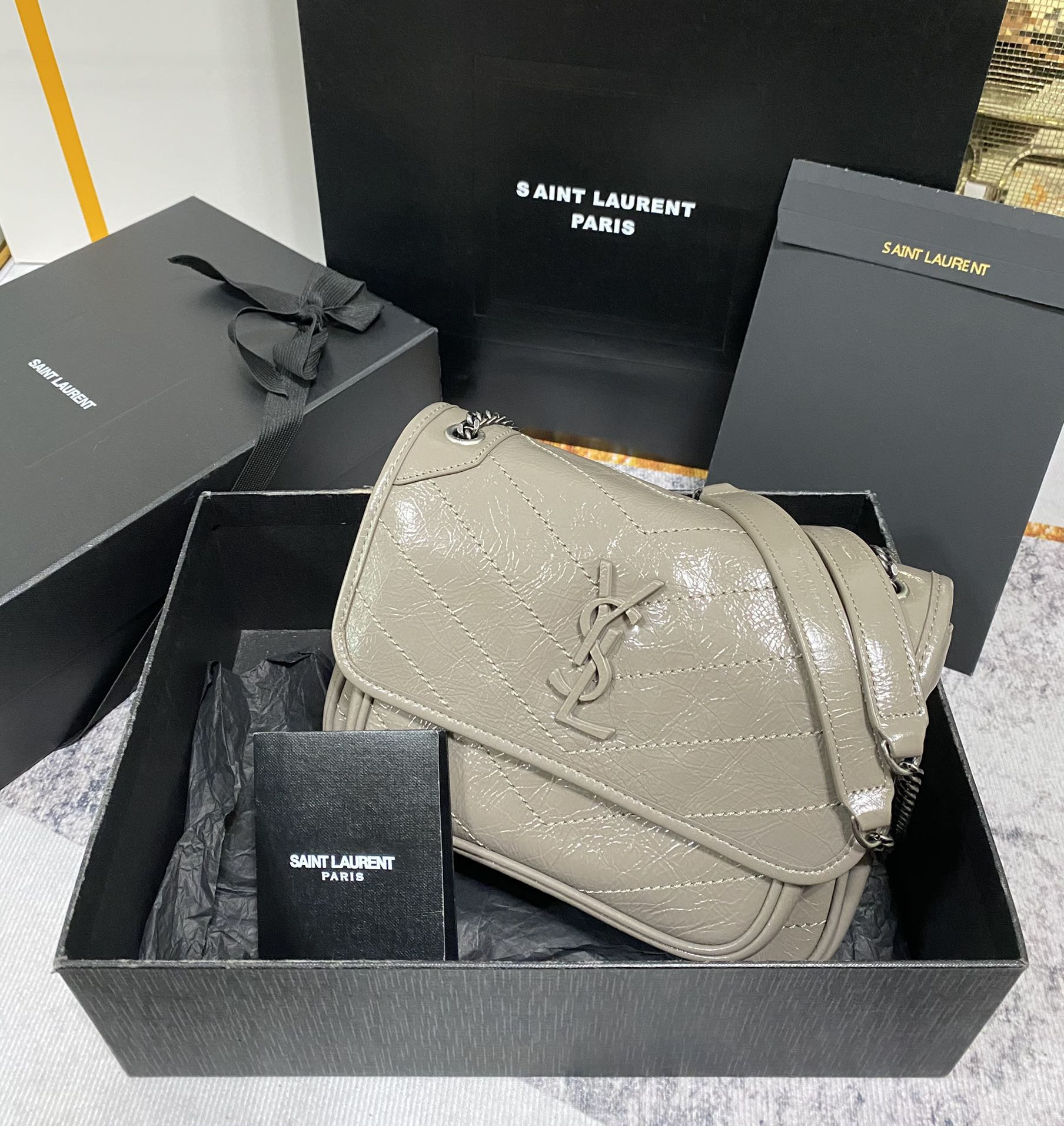 YSL NIKI BABY IN VINTAGE LEATHER LIGHT GRAY 8.2 X 6 X 2.9 INCHES